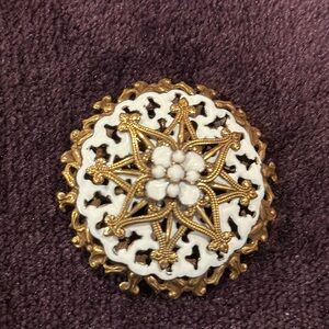 White Enamel Ornate brooch With Milk Glass Rhinestones 1950s